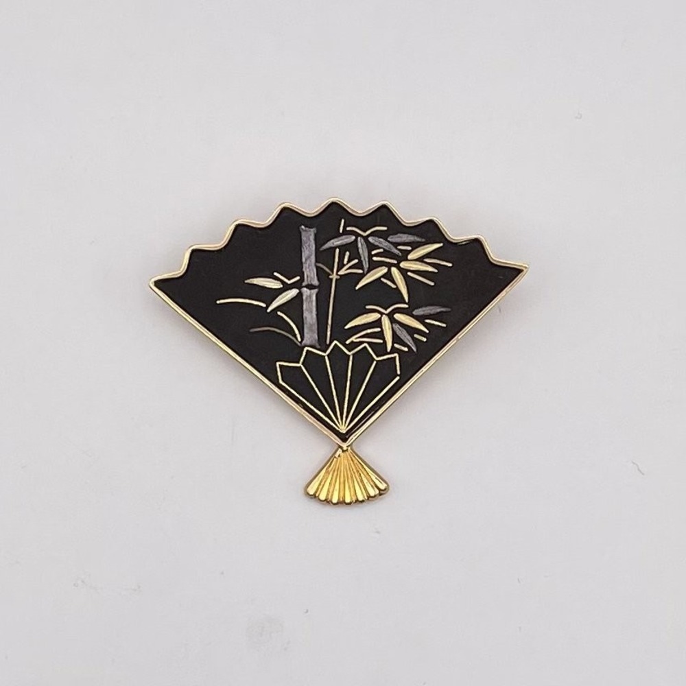 Vintage Damascene Brooch Japanese Amita Fan